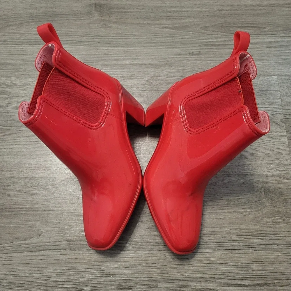 Jeffrey Campbell Red Jelly Rain Boots Square Toe Block Heel Women's Size 9‎